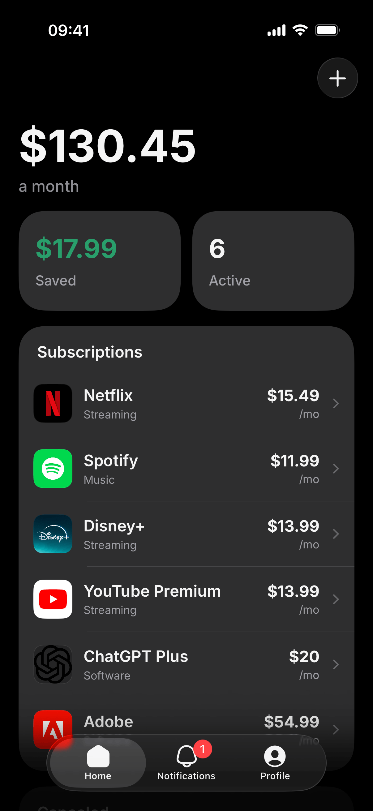 Home with monthly total and subscription list.