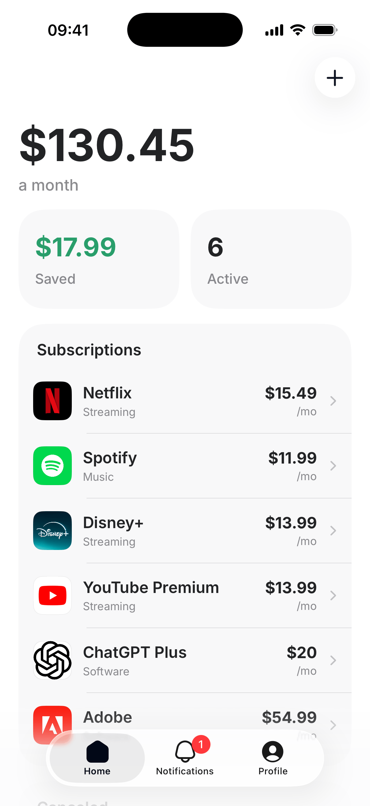Home with monthly total and subscription list.